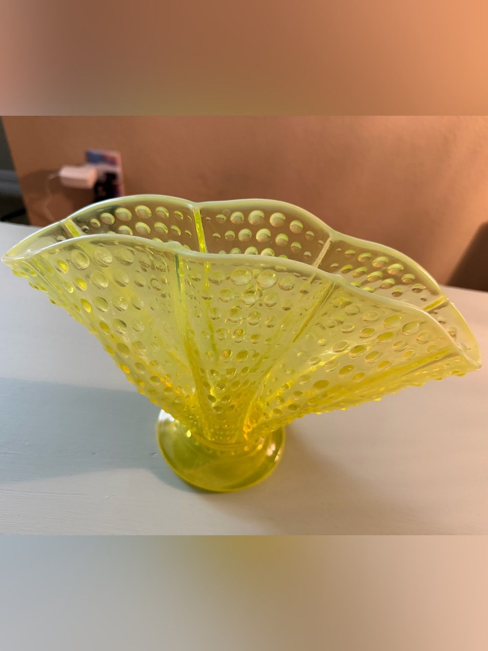 Vintage Uranium Glass Hobnail Vase - 1930s-40s Chartreuse Vaseline Glass 11" x 8